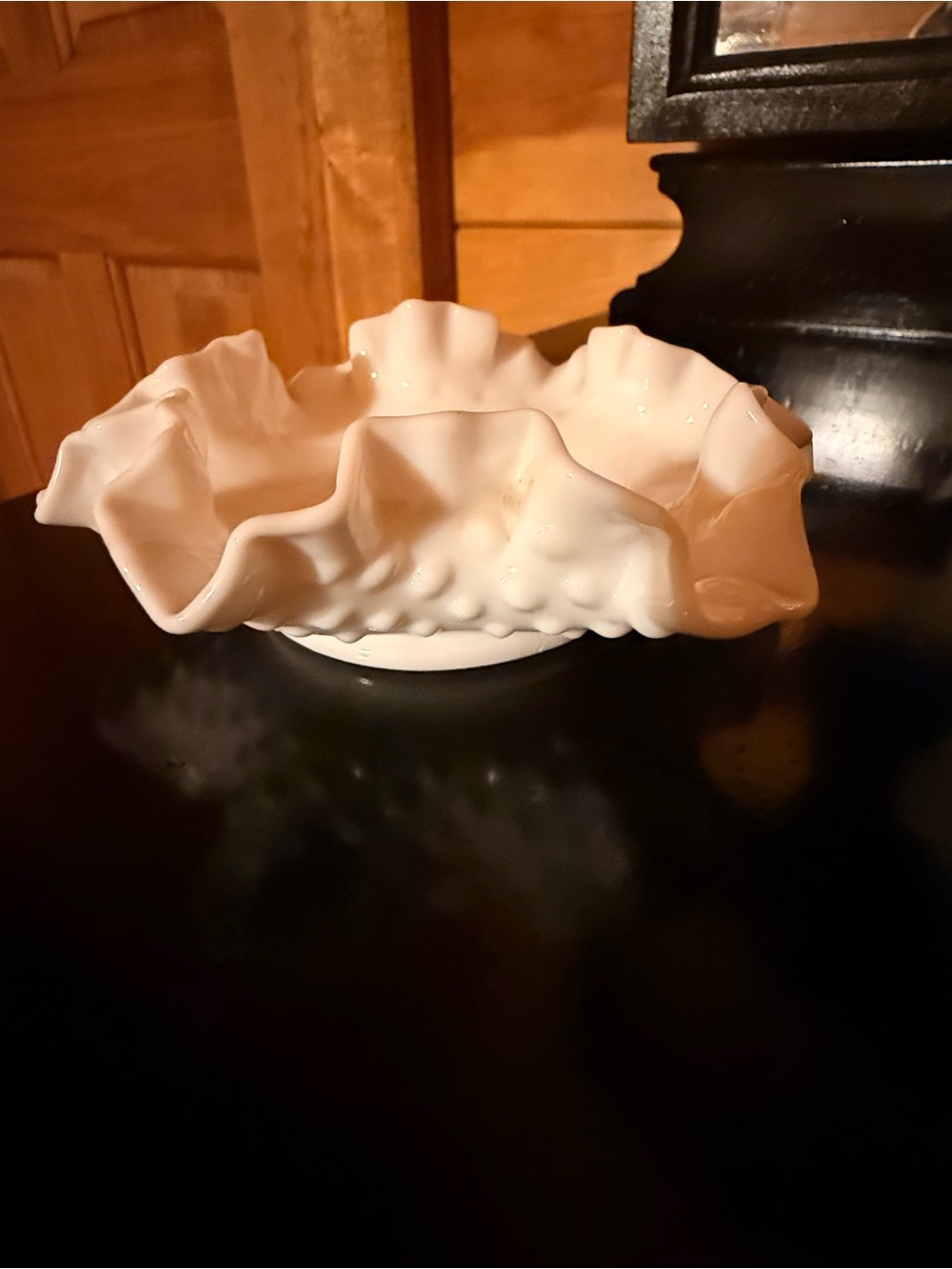 White Ruffled Hobnail Milk Glass Bowl